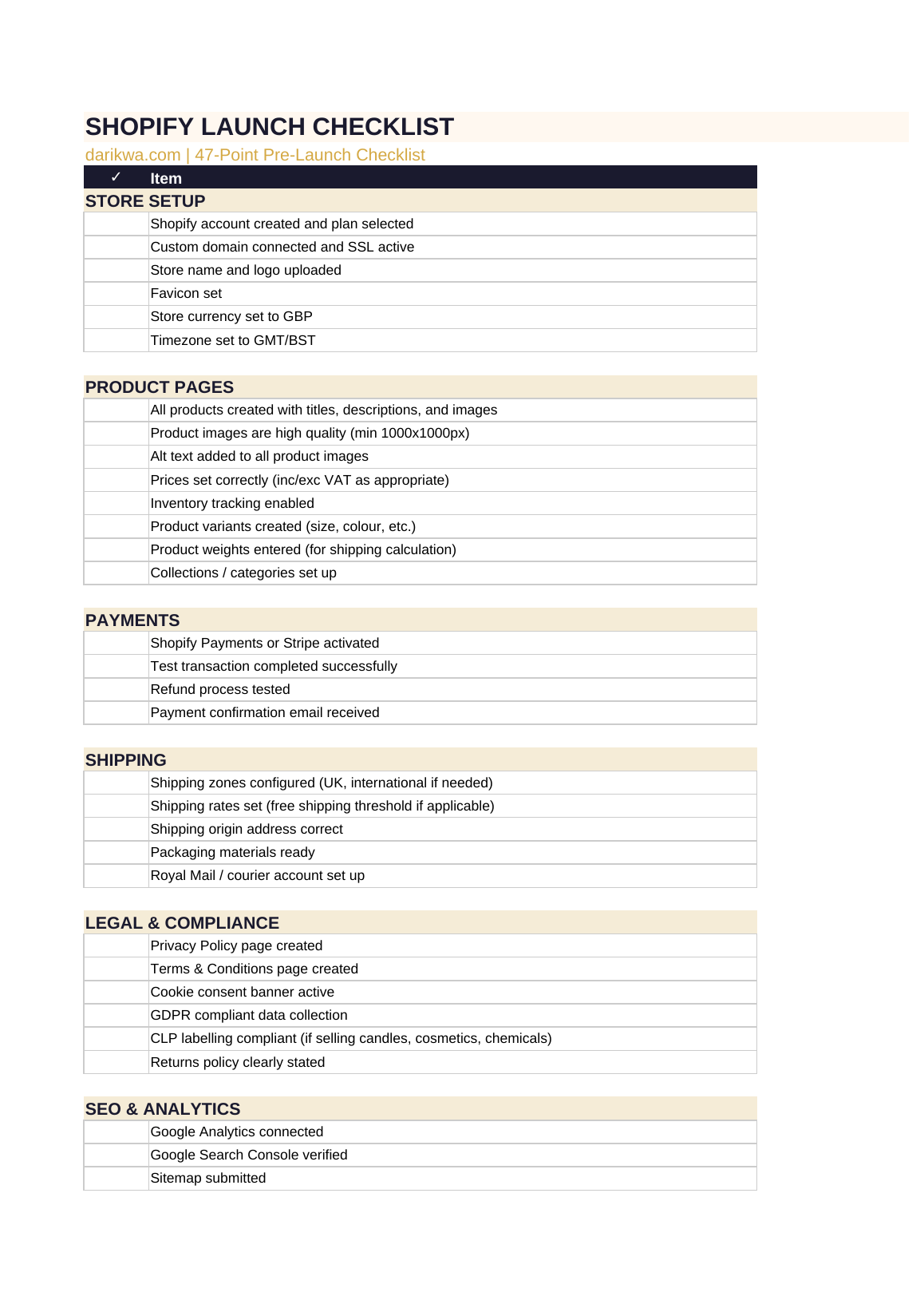 Shopify Launch Checklist preview